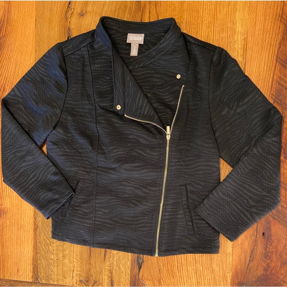 Chico’s Black Lightweight Stretch Jacket, Asymmetrical Gold Zipper & Snap, Large - Picture 1 of 10